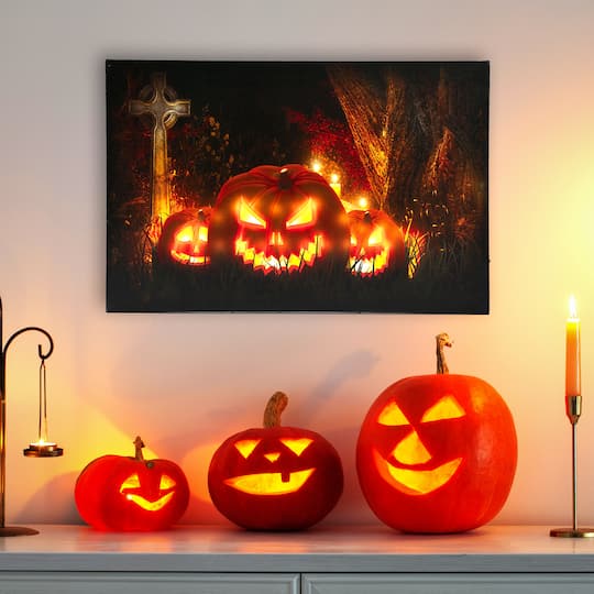 LED Lighted Jack-O-Lanterns in a Cemetery Halloween Canvas Wall Art